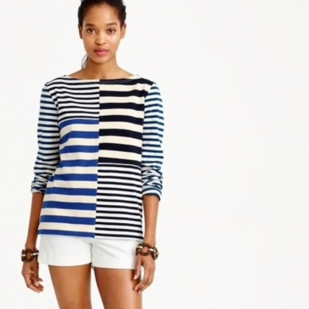 J. Crew Multi-Color Striped Colorblock Boatneck 100% Cotton Shirt Size L